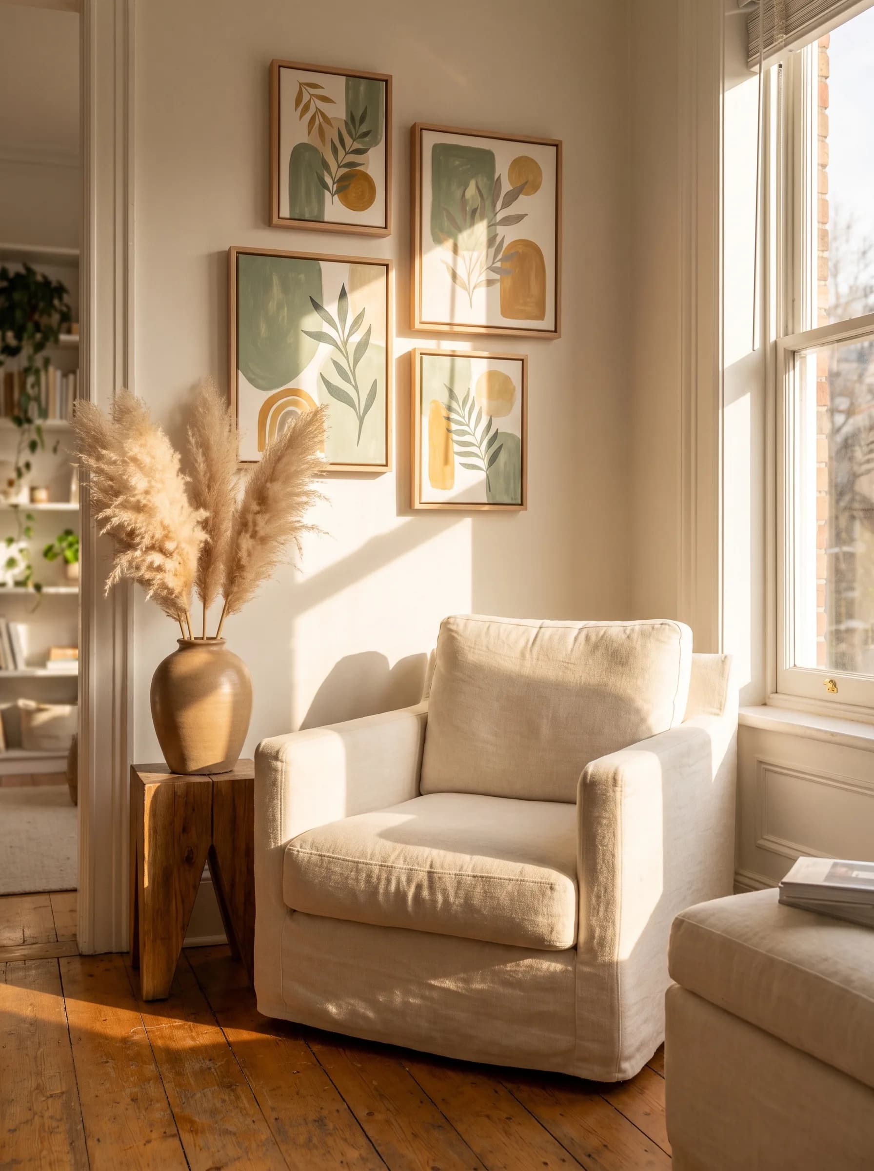 Sonniges Wohnzimmer mit mehreren handgemalten Bildern in Salbeigrün und Ocker an der Wand.