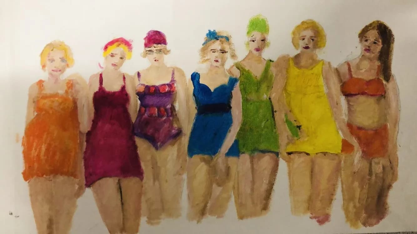 Gemälde einer Gruppe von sieben Frauen in bunten, vintage anmutenden Badeanzügen.