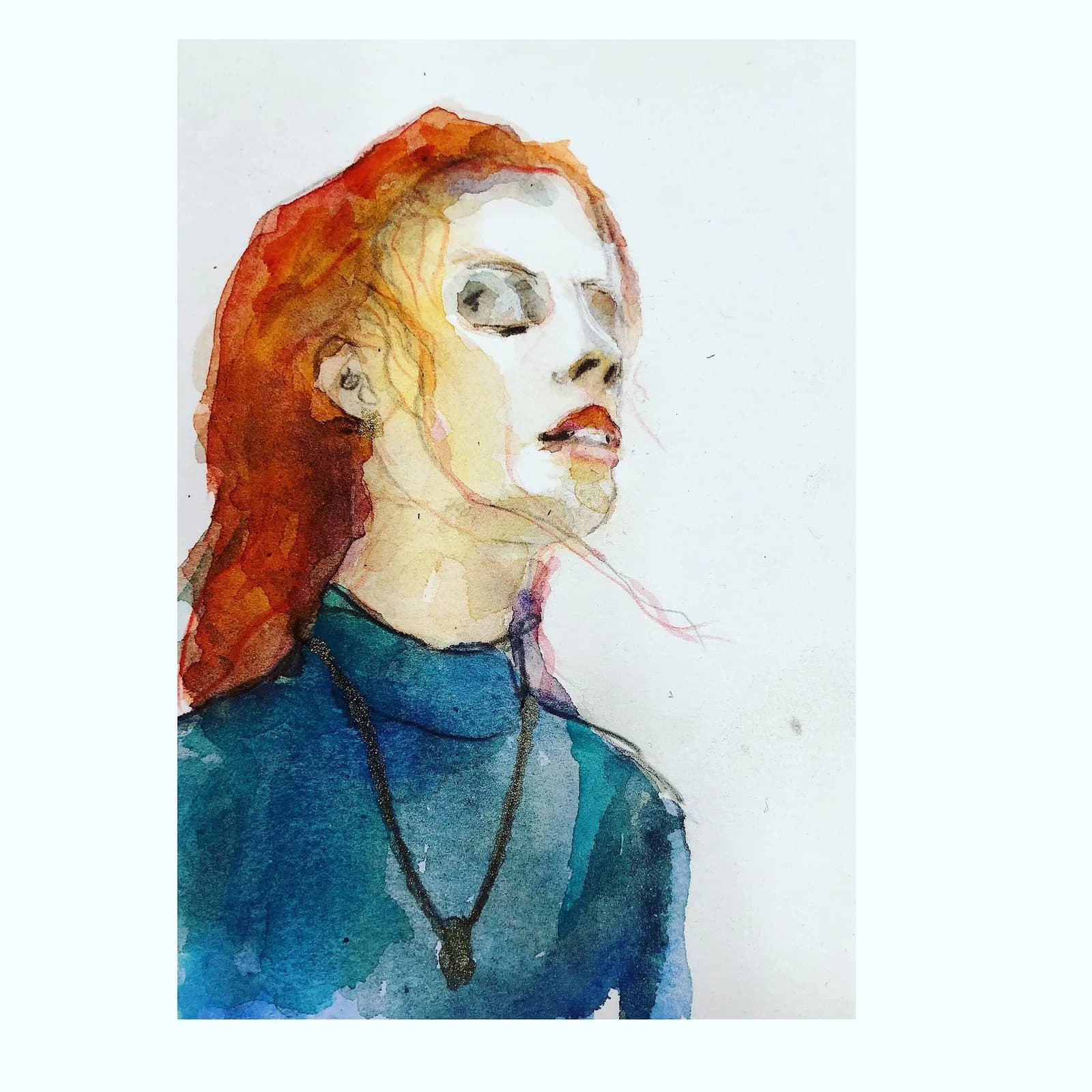 Aquarellporträt einer rothaarigen Frau im Halbprofil, in einem türkisfarbenen Pullover.