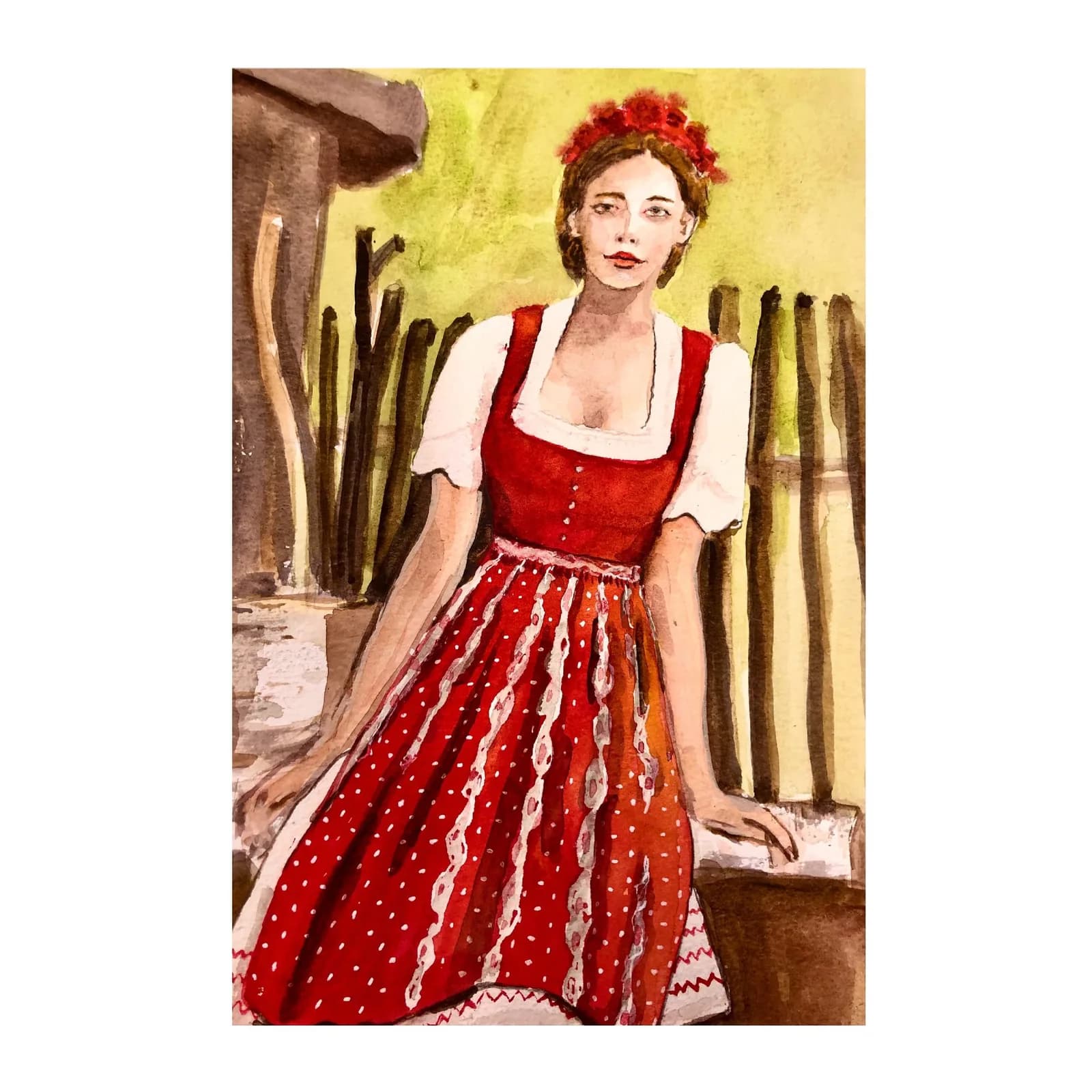 Aquarellporträt einer Frau in rotem Dirndl vor einem Holzzaun, gemalt in warmen Grün- und Rottönen.