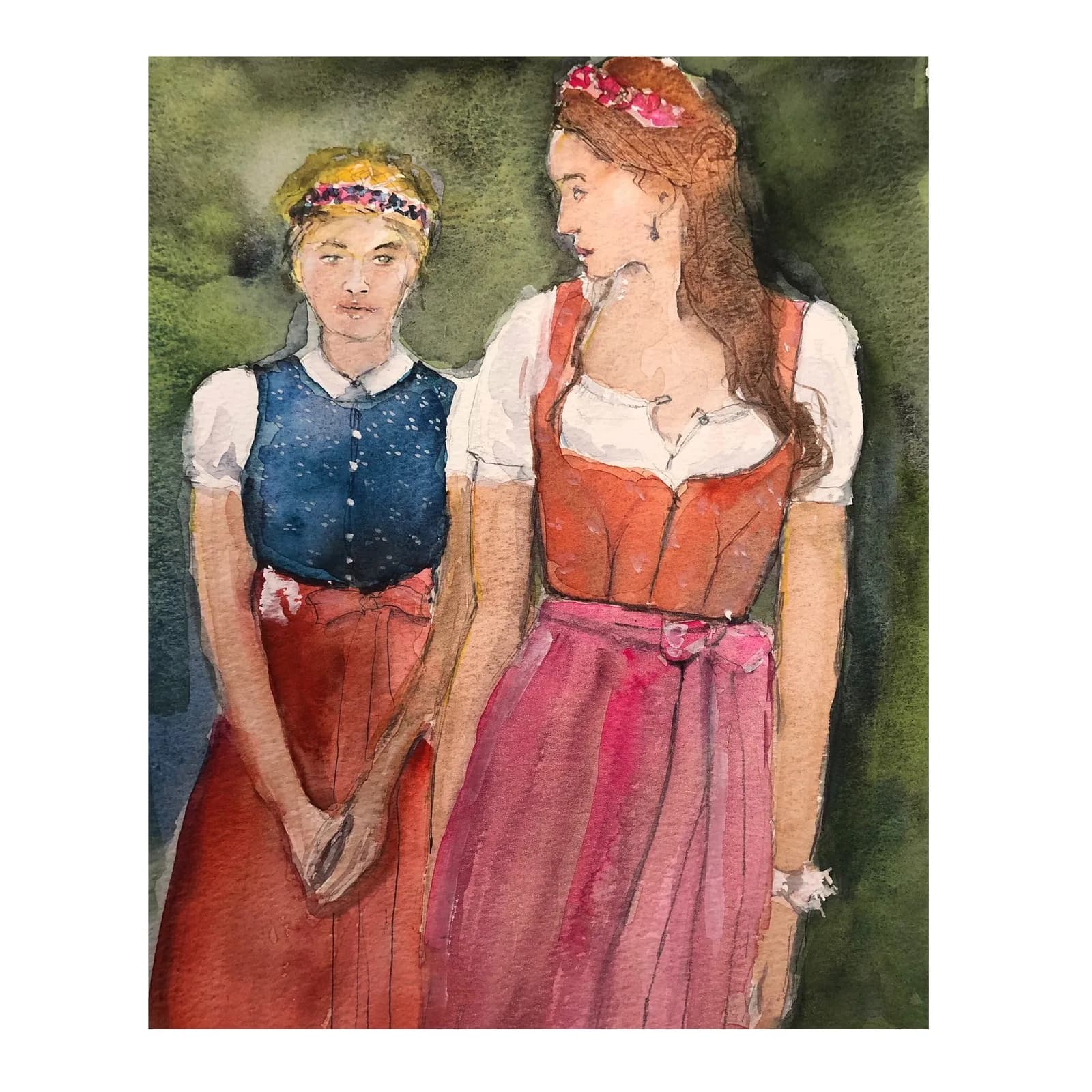 Aquarellgemälde zweier Frauen in bayerischer Tracht vor grünem Hintergrund.