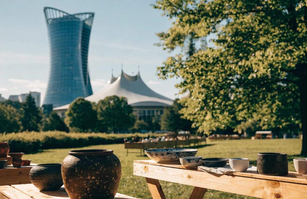 Sommerlicher Kunsthandwerkmarkt im Olympiapark München mit Marktständen im Grünen und der Silhouette von Olympiaturm und Zeltdach im Hintergrund.