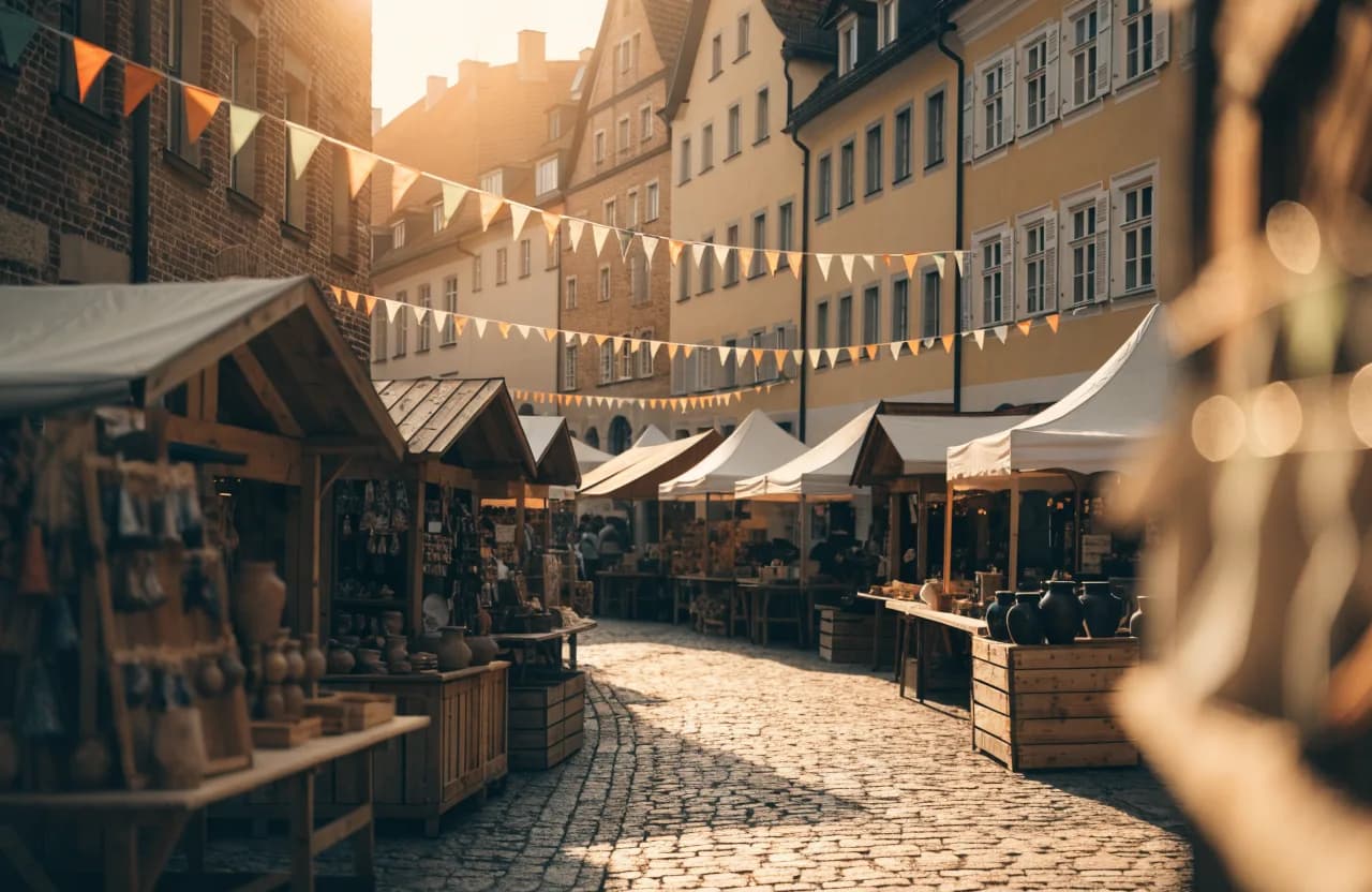 Sommerliche Festmeile in der Münchner Altstadt mit Handwerkerständen unter Sonnenschirmen, warmes Licht, historische Fassaden im Hintergrund.