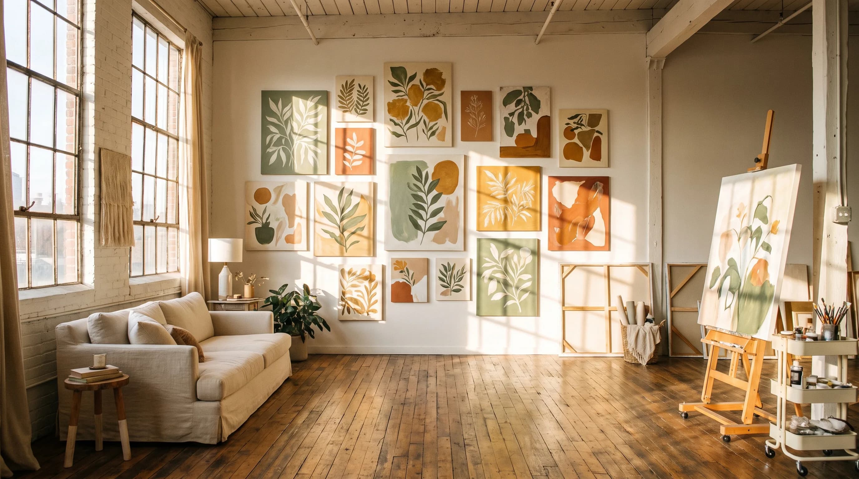 Heller Atelier-Wohnraum mit einer Galeriewand handgemalter Bilder in Salbeigrün, Ocker und Terrakotta.