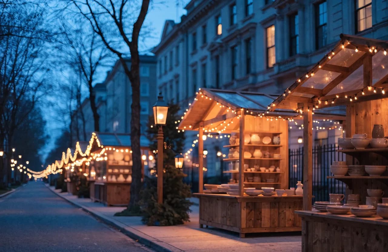 Kunsthandwerker-Weihnachtsmarkt am Abend an einer Münchner Stadtstraße mit beleuchteten Marktständen und winterlicher Dekoration.